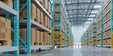 Modern endüstriyel operasyonların verimliliğini ve ölçeğini vurgulayan yüksek tavanlı bir deponun boş koridoru.