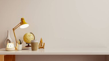A clean and minimalist workspace featuring a large blank white desk and charming decorative items. Ideal for a mockup of products, documents, or stationery- 3D rendering