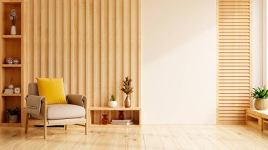 İskandinav oturma odası tasarımı doğal ahşap elementler ve parlak fotokopi alanı - 3D görüntüleme