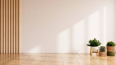 Doğal ahşap zemin ve duvar panelleriyle modern minimalist iç mekan, güneş ışığıyla süslenmiş yeşil saksı bitkileri- 3D