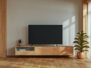 Modern minimalist oturma odası içi ahşap dolapta boş televizyon modeli- 3D görüntüleme