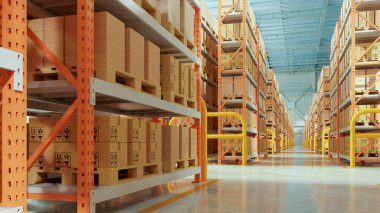 Lojistik ve tedarik zinciri. Raflar ve ahşap paletler. Üç boyutlu.