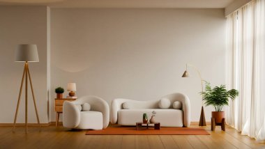 Çağdaş oturma odası, kıvrımlı beyaz mobilyalar ve 2026 moda bulut dansçısı tarzında turuncu aksanlı bir halı.