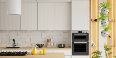 Modern minimalist mutfak içi beyaz flütlü dolaplar ve bulut dansçısı 2026 renk paleti ahşap tezgahlar ve zarif arka sıçrama - 3D görüntüleme