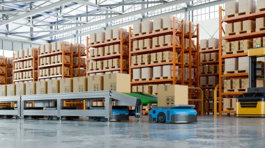 Taşıma bandı ve AGV robotları ile otomatik depo içi, raflı endüstriyel lojistik merkezi ve nakliye konsepti için karton kutular - 3D görüntüleme