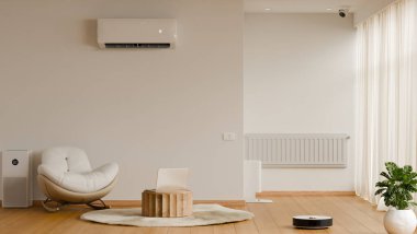 Modern otomasyon konsepti için havalandırma, ısıtıcı, hava temizleyici, robot elektrikli süpürge ve güvenlik kamerası olan akıllı bir ev oturma odası.