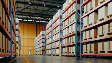 Büyük metal rafları ve paletlerin üzerinde karton kutular olan modern endüstriyel bir depo.