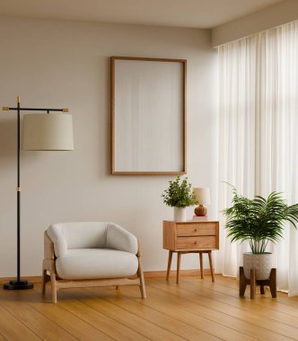 Model poster çerçevesi modern minimalist iç plan koltuğu ve ahşap zemin üzerinde bitkiler, Japandi tarzı - 3D görüntüleme