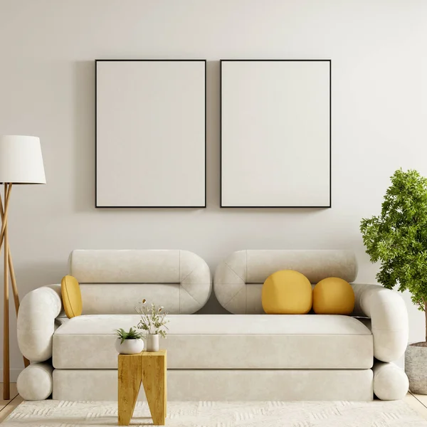Modern minimalist oturma odasının iç kısmında iki boş poster çerçevesi, beyaz kanepe, sarı yastıklar ve ahşap lamba, ev dekorasyonu konsepti...