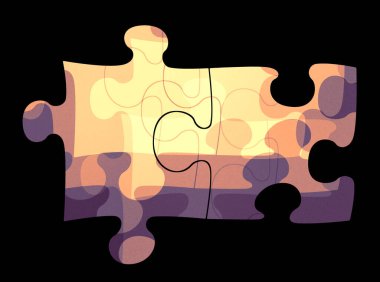 Bir yapbozun iki parçası soyut bir yapboz deseni ile siyah bir arkaplanda izole edilmiş. Mükemmel bir uyum.. 