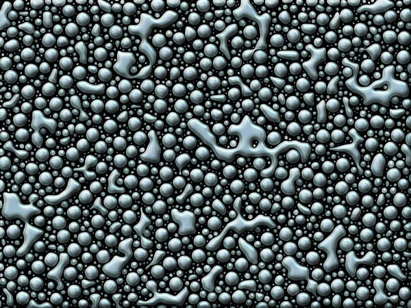 An abstract background of molten metallic blobs against a black background in 3D illustration