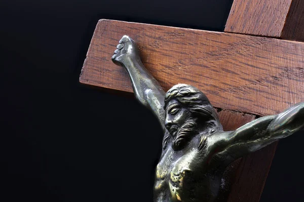 Jézus Krisztus Kereszten Vallási Dísz Közelkép Elszigetelt Fekete Alapon — Stock Fotó