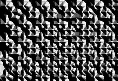 Soyut, pis, siyah ve beyaz uzaylı metalik desenli, kabartmalı kare şekilli, üç boyutlu resimli bir ızgara.