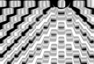 Üç boyutlu resimde metalik karelerin hipnotik siyah beyaz deseni.