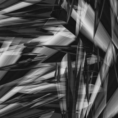 Siyah ve beyaz açısal sivri uçlu koyu fütüristik bir yapı.