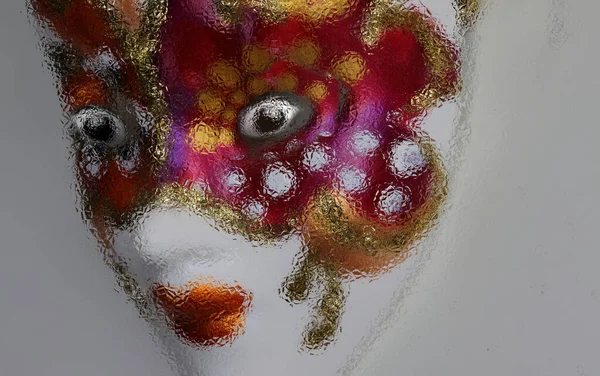 Una Hermosa Mascarada Máscara Baile Disfraz Teatral Detrás Vidrio Esmerilado — Foto de Stock