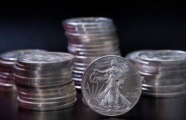 Amerikan Kartalı 'nın gümüş sikkesi Amerikan Kartalı' nın gümüş sikkelerinin önünde dikiliyordu.
