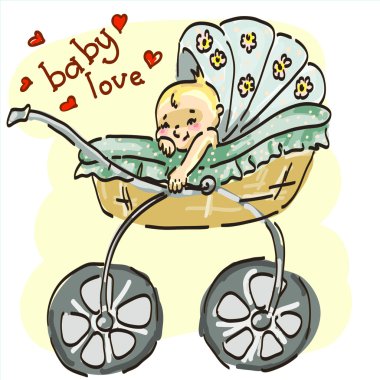 Genç bir çocuk arabasındaki bebek vektör çizim.