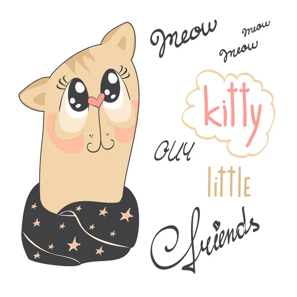 Rolig Kitty. Illustration av en söt katt klädd i en varm halsduk med stjärnor. — Stock vektor