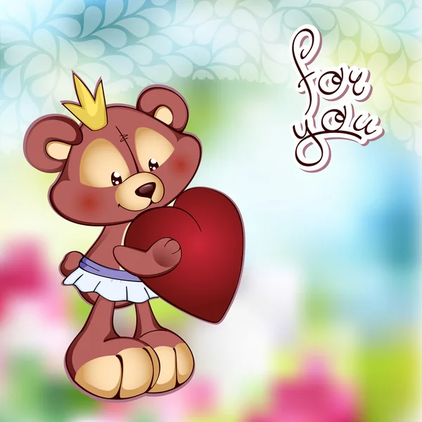 Illustrieren Vektor von niedlichen Teddybär in einem Tutu und großen roten Herzen — Stockvektor