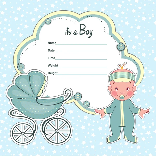 Baby Dusch-kort för nyfödda pojke med sidovagn. — Stock vektor