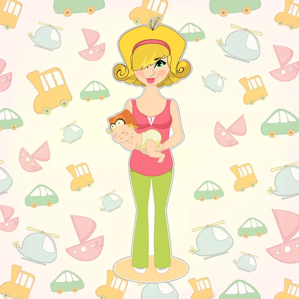 Ilustración vectorial de una mujer joven con un bebé recién nacido en su — Vector de stock