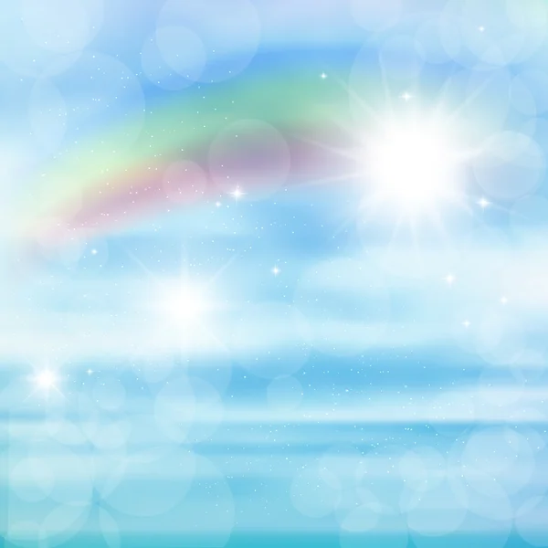 Abstrakt bild bestående av en regnbåge på blå himmel med solen bländning. — Stock vektor