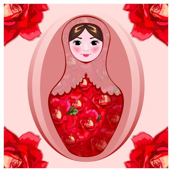 Målade matryoshka i röda rosor — Stockfoto