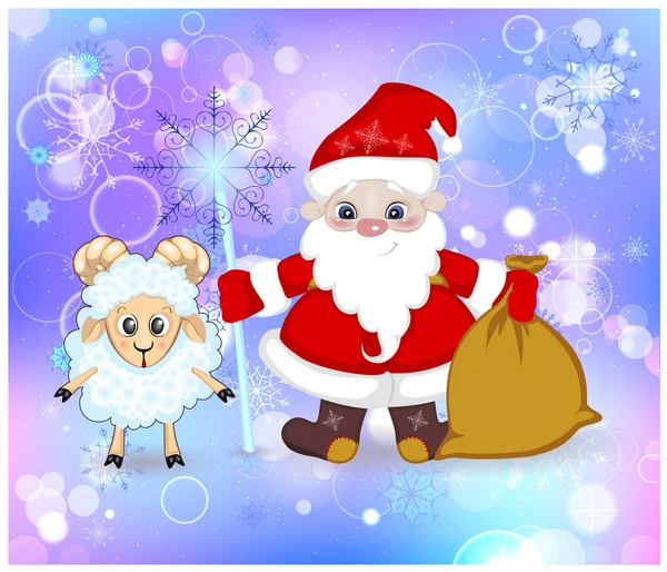 Santa Claus en schapen met zijn medewerkers en zijn zak in de sneeuw — Stockfoto