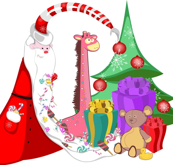 Santa Claus con dulces en un largo árbol de barba con regalos y juguetes —  Fotos de Stock