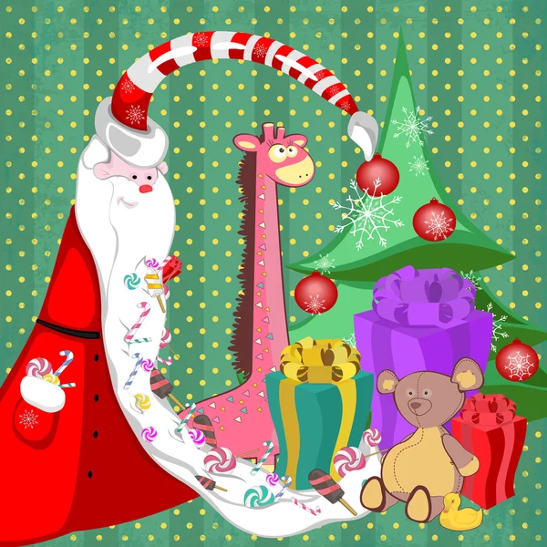 Père Noël avec des bonbons dans un long arbre à barbe avec des cadeaux et des jouets — Image vectorielle