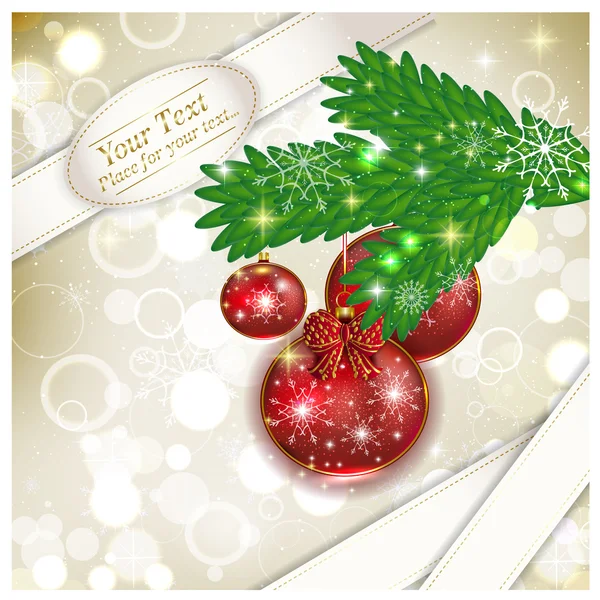 Branche de sapin de Noël avec boules de Noël en flocons de neige — Image vectorielle