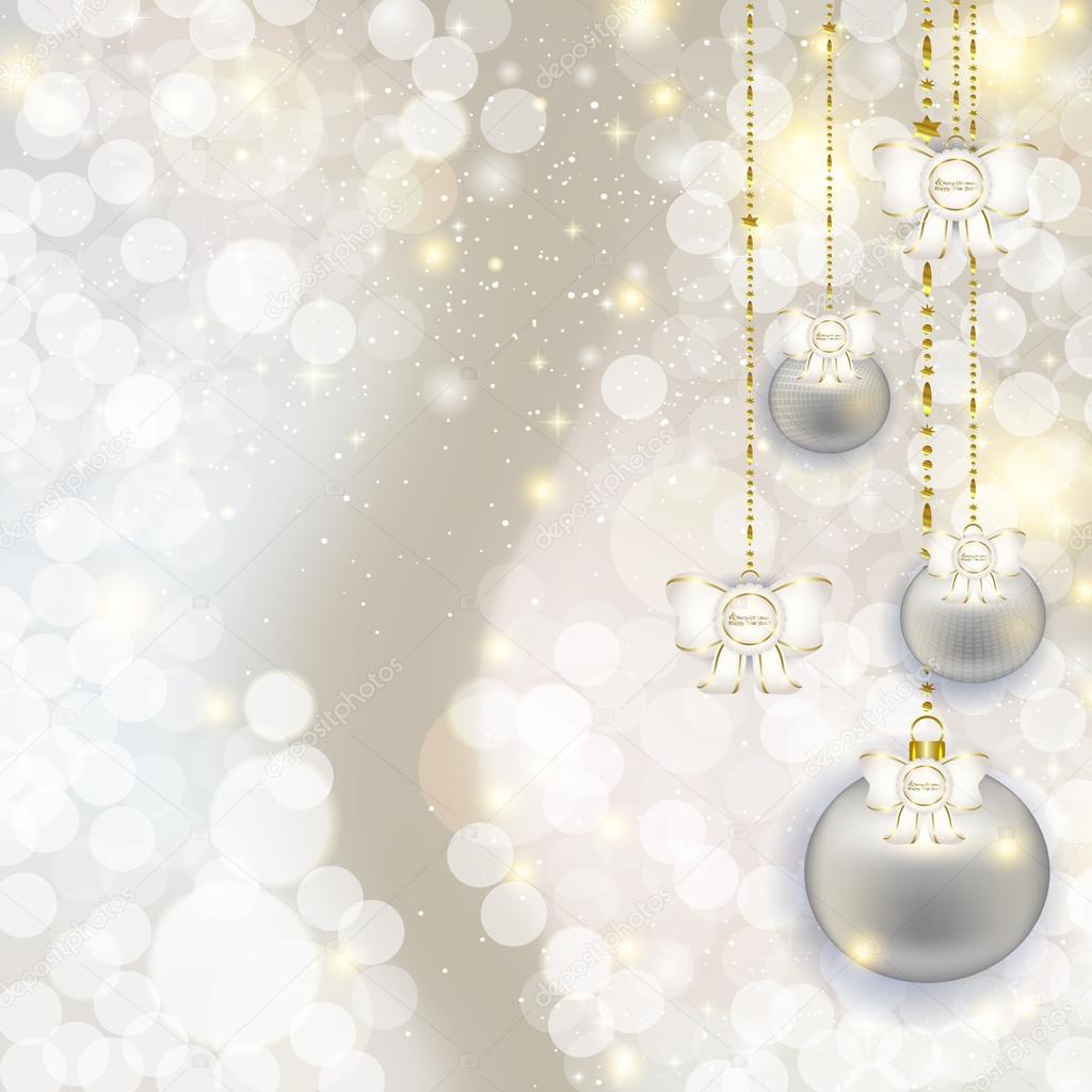 Christmas hanging balls on abstract pearl background with highli