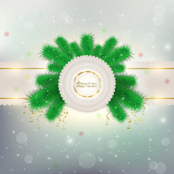 Christmas bow on the branches of trees with hanging tinsel on th — Stock Photo, Image