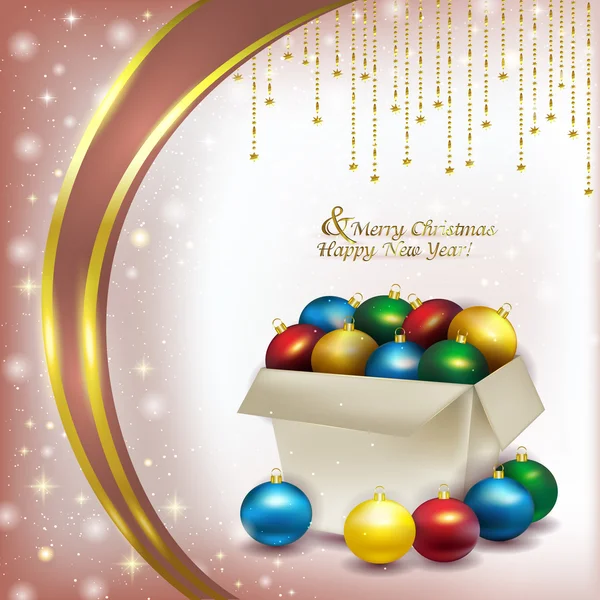 Vánoční box s barevnými kuličkami na růžovém pozadí — Stockový vektor