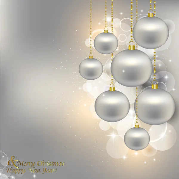 Рождественский фон с серебряными рождественскими шарами и блики — стоковый вектор