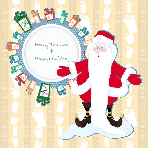 Weihnachten Hintergrund mit Geschenken und Schneeflocken mit Weihnachtsmann — Stockvektor