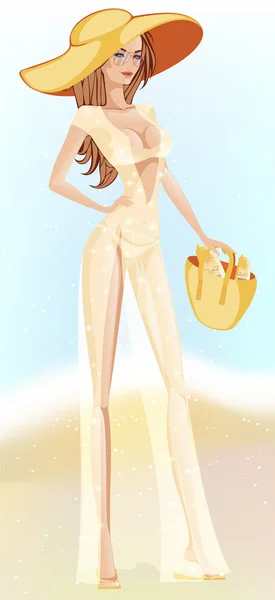 Девушка на пляже в длинном мерцающем легком платье — стоковое фото