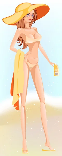 Girl with a towel and sunblock — Stock Photo, Image