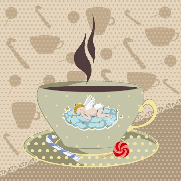 Кружка со спящим ангелом и горячим напитком какао — стоковое фото