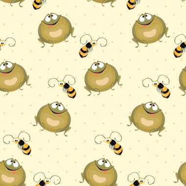 Seamless background. Green large frog and flying bees. clipart