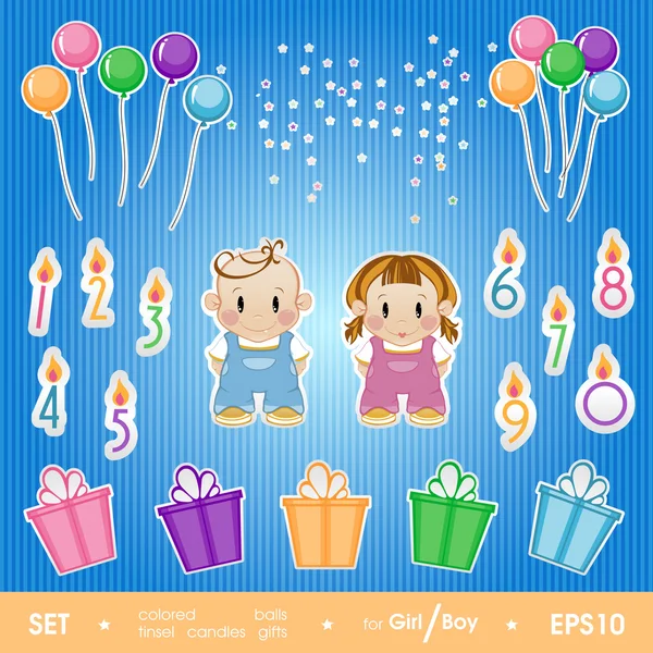 Gala set for birthday party girl and boy. — Stock Vector