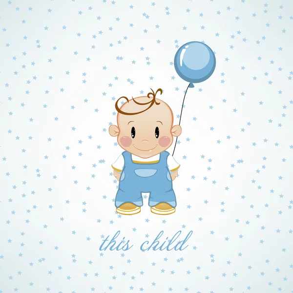 Kleiner Junge mit aufblasbaren Bällen und Sternen. das Geburtstagskind — Stockvektor