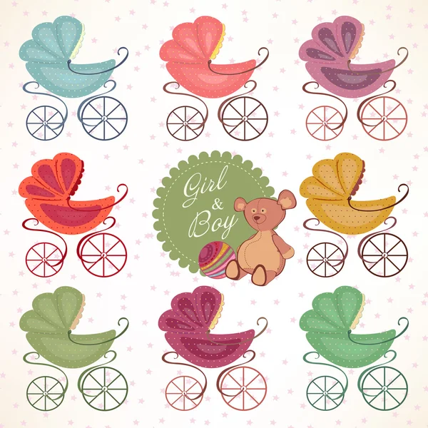 Набір дитячих кольорових колясок з плюшевим ведмедем — стоковий вектор