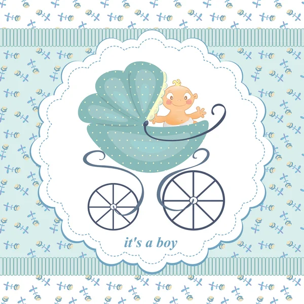 Little boy stroller abstract background in child blue flowers. — Stock Vector