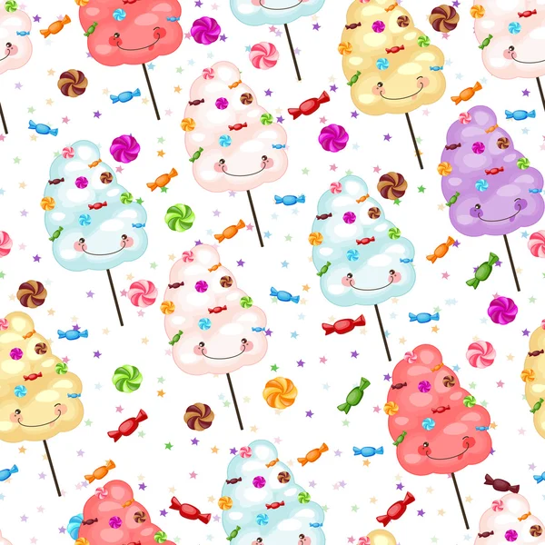 Kinder nahtloses Muster aus lustigen Zuckerwatte, Bonbons — Stockvektor