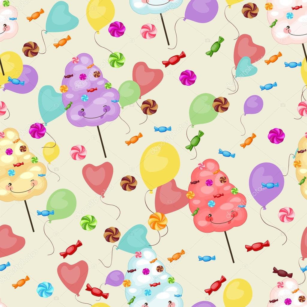 Seamless pattern of sweets, cotton candy, lollipops, balloons. 
