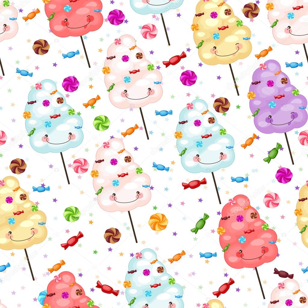 Childrens seamless pattern of funny cotton candy, candy 