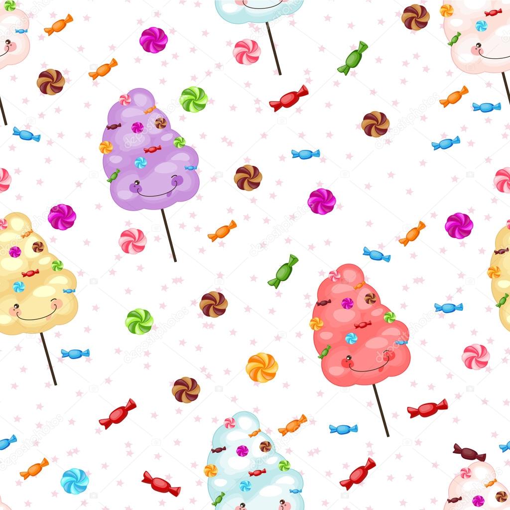 Seamless pattern of sweets, cotton candy, lollipops, little star