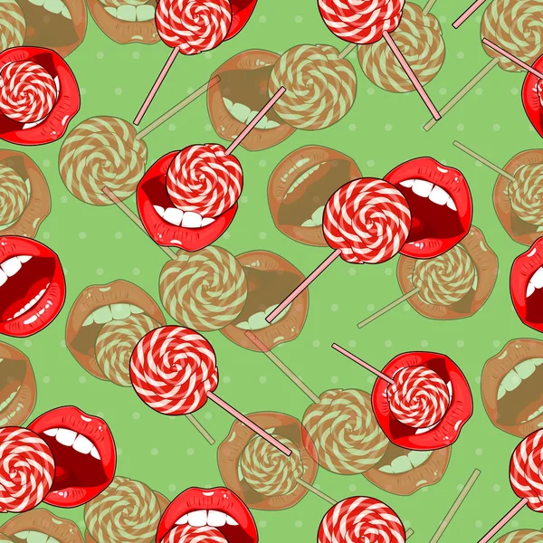 Fondo sin costuras verde abstracto de dulces y labios . — Archivo Imágenes Vectoriales